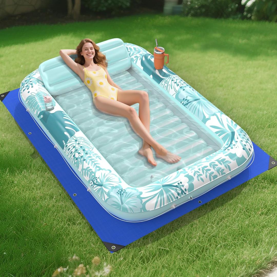 Inflatable Tanning Pool Lounger Float with Protection Tarp, 85" x 57" Pool Floats Adult with Pillow, 6 in 1 Suntan Tub Raft Floatie, Sunbathing Water Bed Lounge Blow Up Kids Ball Pit Party Gifts-Cyan