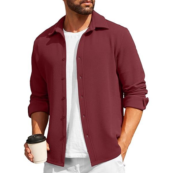 COOFANDY Mens Casual Button Down Shirt Long Sleeve Lightweight Jacket Fashion Textured Shirts, Large