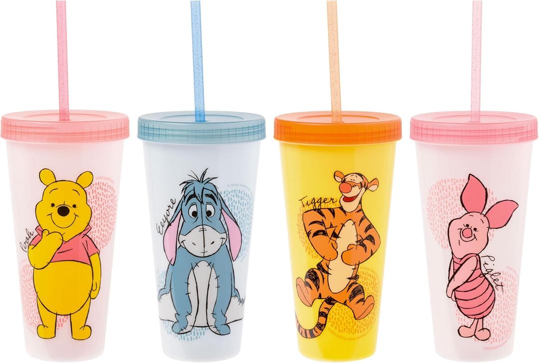 Silver Buffalo Disney Winnie the Pooh 4 Pack Color Changing Plastic Tumblers Featuring Eeyore, Winnie the Pooh, Tigger, and Piglet, 24 Ounces