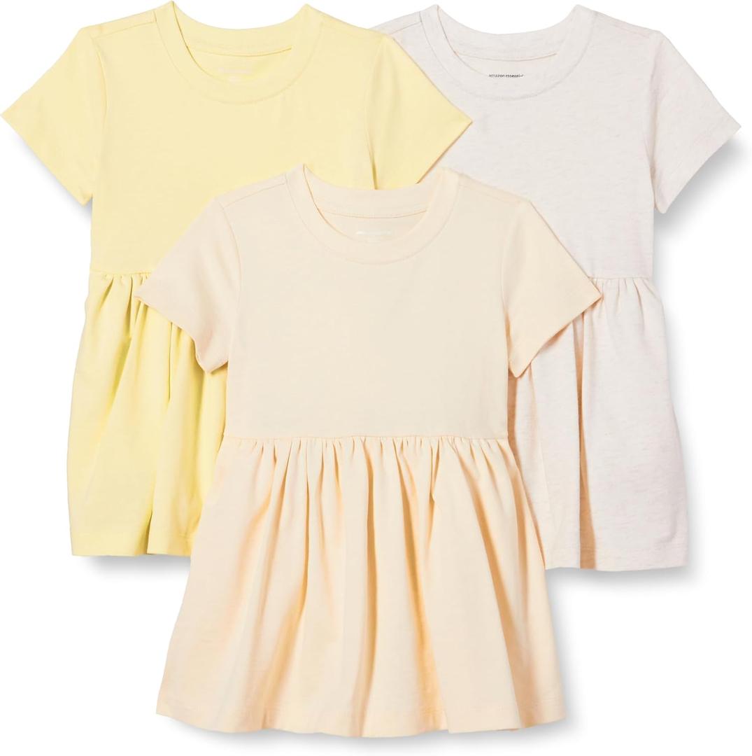 Amazon Essentials Girls and Toddlers' Short Sleeve Jersey Dress (4T, Beige/Oatmeal Heather/Pastel Yellow)