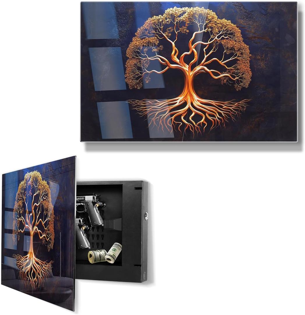 Biometric Gun Safe for Handgun, Pistol Safe with Fingerprint & KEY Access, Tree of Life Tempered Glass Hidden Gun Storage with Decor Function For Wall-Mounted