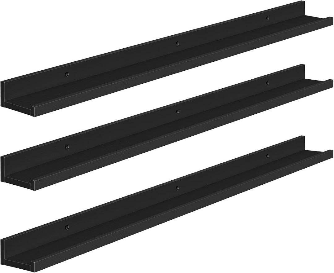 HOOBRO Floating Shelves, Wall Shelf Set of 3, 35.4 Inches Hanging Shelf with Raised Edge and Invisible Brackets, for Bathroom, Bedroom, Kitchen, Office, Living Room Decor, Black BK90BJ01
