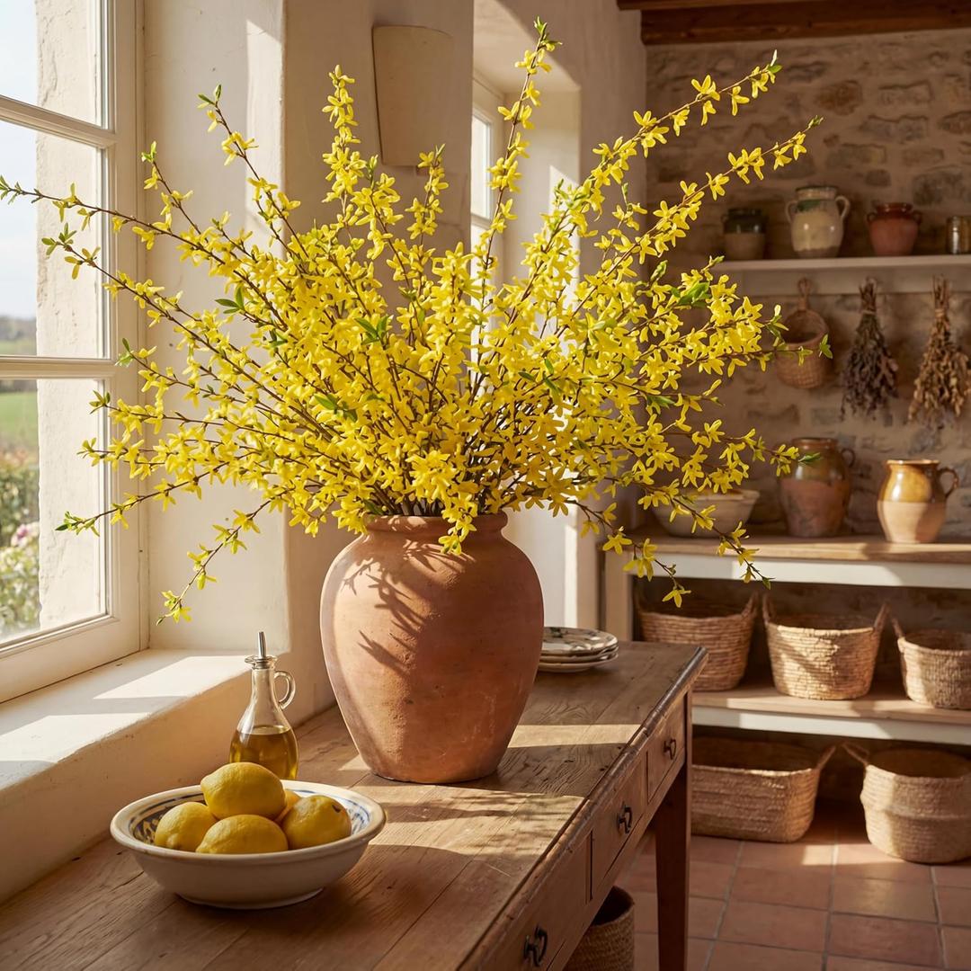 XunYee 12 PCS Fake Forsythia Long Stems 39.5" Artificial Forsythia Branches Yellow Forsythia Branches Artificial Orchids Flower Branches Faux Forsythia Stems for Home Wedding Indoor Outdoor Decoration