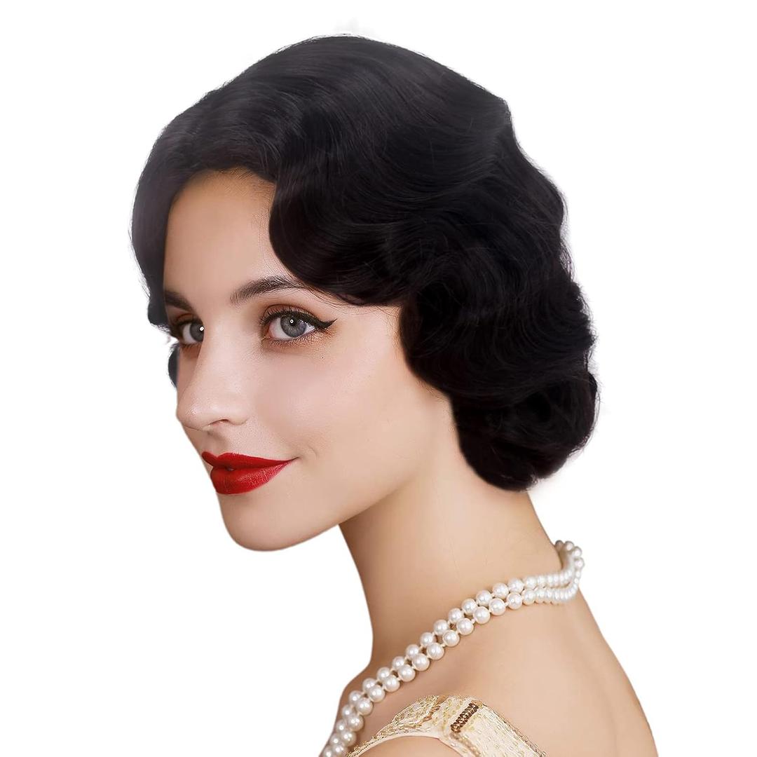 REEWES Long 1920s Wig Finger Wave Wig Curly Short Wig Vintage Wigs for Women Lady Synthetic Heat Resistant Full Wigs Cosplay Costume Fancy Dress With Wig Cap (Black)