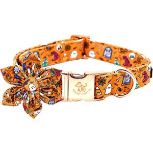 Elegant little tail Halloween Dog Collar, Orange Pumpkin Dog Collar with Flower Girl Boy Pet Collar Dog Flowers Holiday Dog Collar Flower Soft Durable Pet Collar for Large Dogs (Large (Pack of 1))