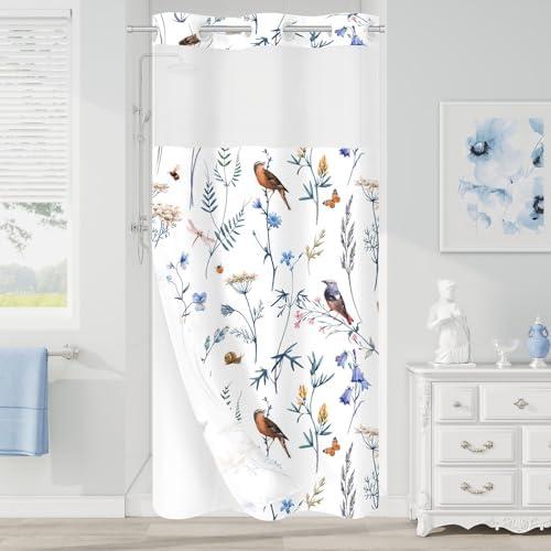 Litabel Blue Cute Floral Small Stall Shower Curtain 36 x 74, No Hook Half Size Narrow Modern Shower Curtain with Snap in Liner, Watercolor Birds, Butterflies, Snails & Flower Design