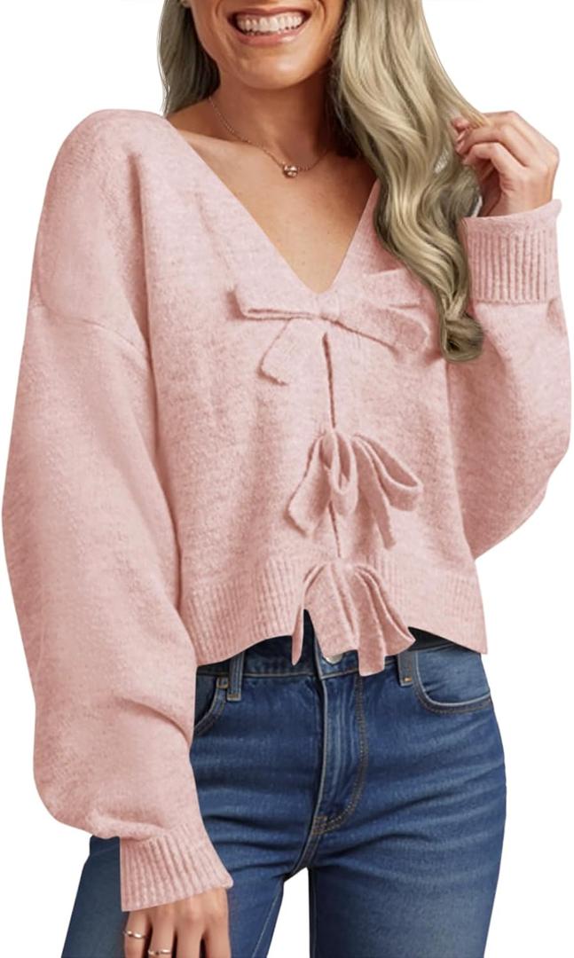 Saodimallsu Women's Bow Sweater Cropped V Neck Long Sleeve Fall Cozy Knit Loose Trendy Pullover Sweaters (Small, Pink)
