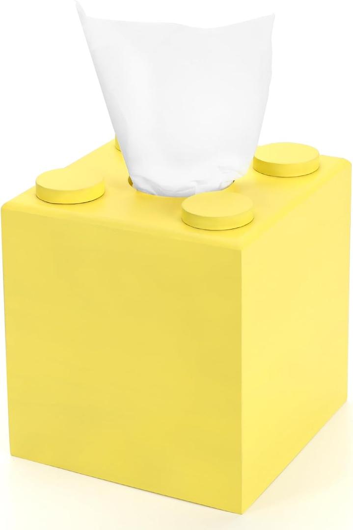 CypherX Wood Tissue Box Cover, Tissue Box Cover Square, Building Blocks Tissue Box Holder with Slide-Out Bottom, Cute Home Decor for Bathroom Living Room Office Kitchen (Yellow, Small)