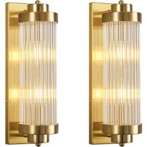 Gold Wall Sconces Set of Two with Crystal Glass Strip Bathroom Sconces Modern Wall Lights for Bedroom Living Room Hallway Wall Light Fixtures, 2 Light E12 Base (15.74 in High)
