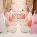 wilwolfer 6 Pack Kids Teepee Tent Bulk and Inflatable Airbed & Light, Natural Toddler Play Tent for Girls Boys Indoor Sleepover Slumber Party Birthday Gifts(Pink, White)