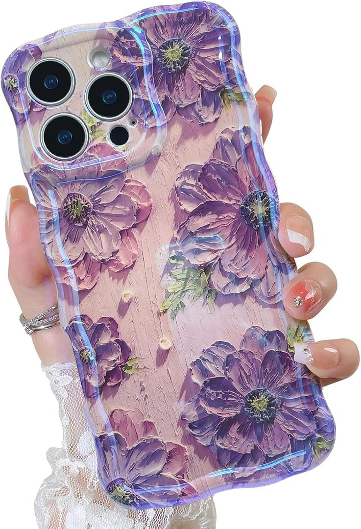 OOK Oil Painting Phone Case for iPhone 16 Pro Max Laser Glossy Cute Oil Painting Flower Pattern Curly Waves Bumper Design Soft Protective Cover for Girls Women Purple