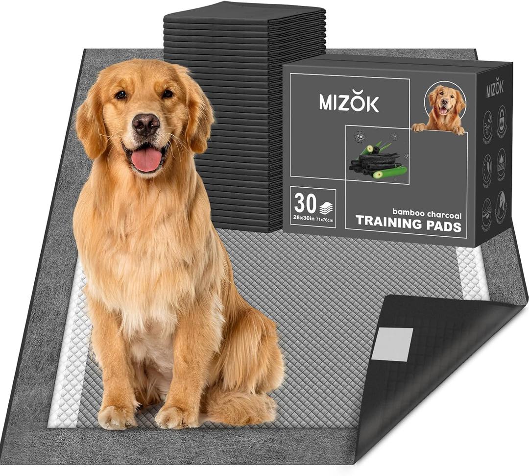 MIZOK Dog Pee Pads 2830in Extra Large Charcoal, Puppy Pads with Adhesive Tabs, Ultra Odor-Control Absorbent Wee Wee Pads for Dogs Heavy Duty Leak-Proof Black, Disposable (30 Counts)
