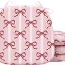 4 Pack Pink Bow Chair Cushions for Dining Chairs 17" x 16" x 2" D-Shaped Breathable Linen Kitchen Chair Pads with Ties Washable Non Slip Seat Cushion for Dining Kitchen Office Indoor