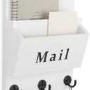 Mail and Key Holder - Decorative 8.86" x 11.42" Wall Key Hanger with 2 Mail Organizer Slots and 3 Hooks - Real Paulownia Wood with Keyhole Brackets, Hardware and Instructions (White)