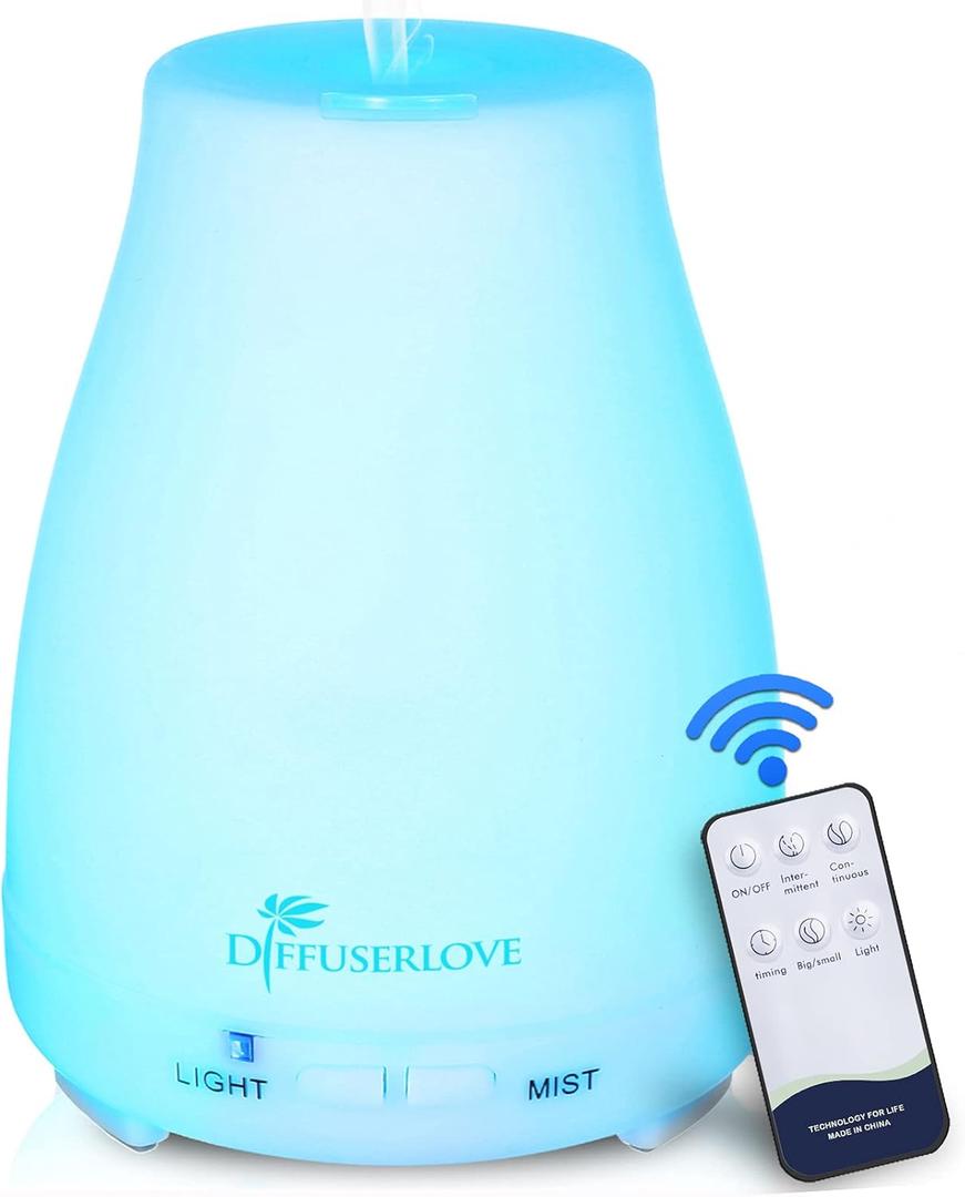 Diffuserlove Essential Oil Diffusers 200ML Remote Control Ultrasonic Mist Humidifiers BPA-Free Aromatherapy Diffuser with 7 Color Lights, Auto Shut-Off for Bedroom Office Kitchen (White)