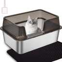 Enclosed High Sided Metal Stainless Steel Cat Litter Box with lid Scoop and Mats for Kittens or Medium Cats, Easy Clean Transparent Black Deep Tall Kitty Litter Box