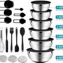 20-Piece Mixing Bowls Set with Airtight Lids 6 Stainless Steel Kitchen Bowls (4.5QT, 4QT, 3.5QT, 2.1QT, 1.5QT, 1.1QT), 3 Grater Attachments, Non-Slip Silicone Bottoms, Perfect for Baking & Serving