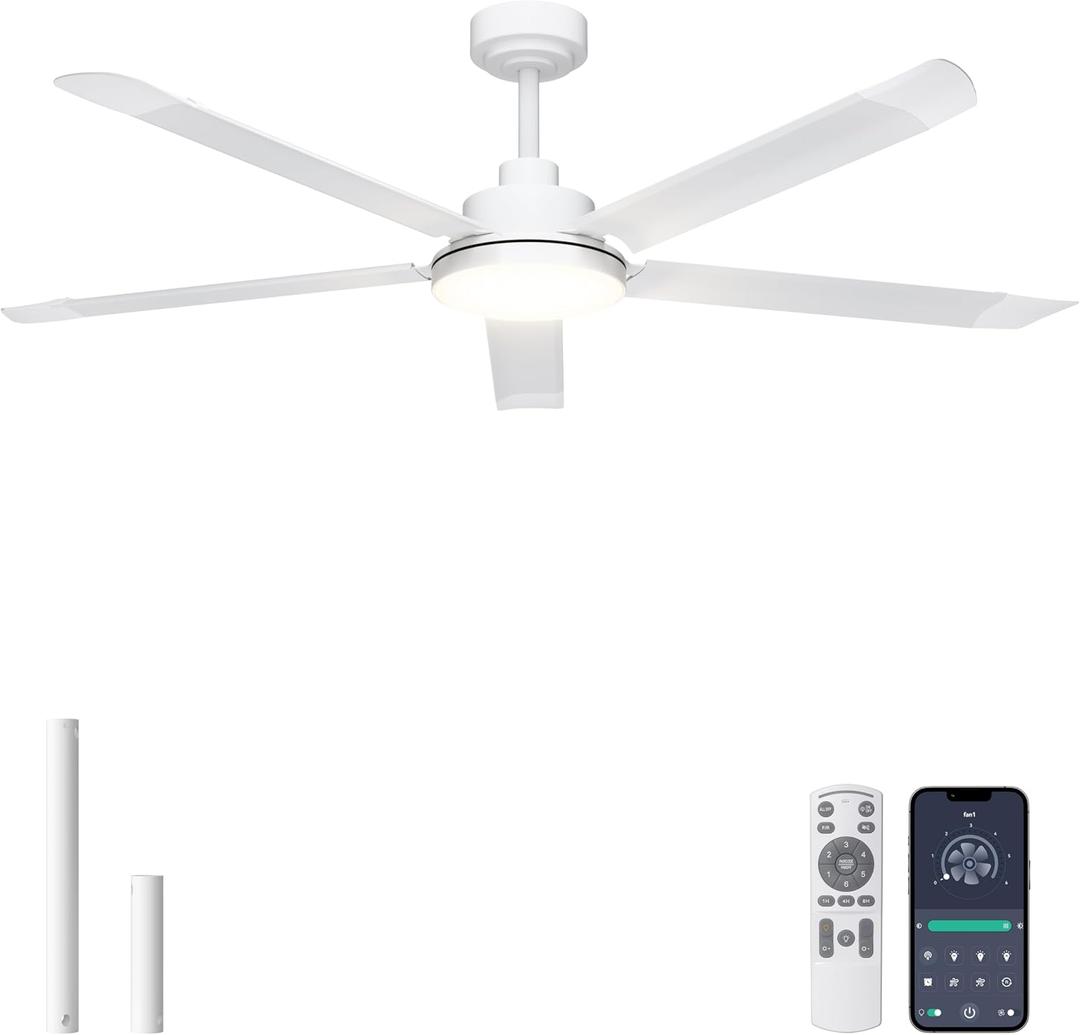 Ohniyou 60'' Ceiling Fan with Lights, Industrial Ceiling Fan with 5 Aluminum Blades, App/Remote Controlled, Dimmable, for Outdoor Patio, Living Room, White