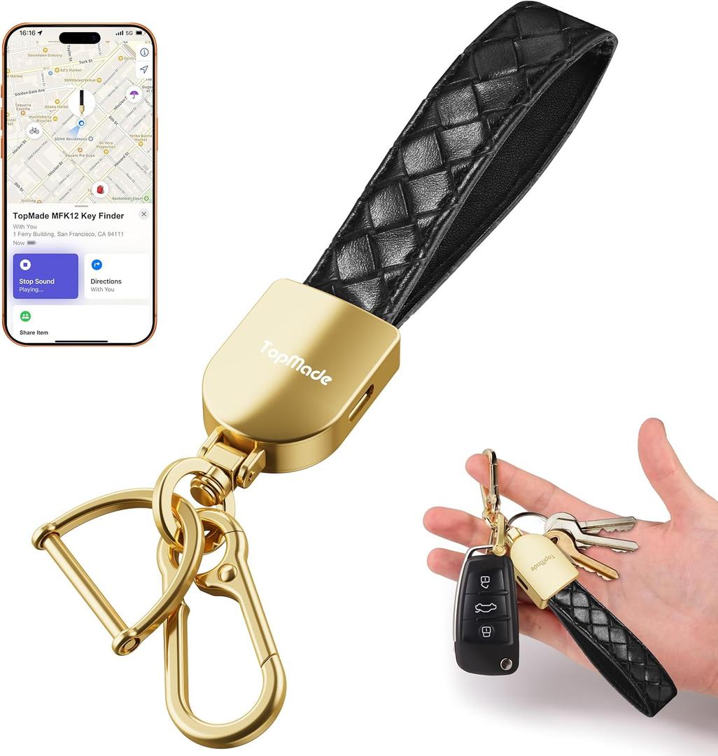 TopMade Keychain, Works with Apple Find My, Premium Handmade Knit Leather Car Key Chains for Women & Men, Smart Tracker Tag, Anti-Lost Key Finder, Universal Key Fob Holder, IP67 Waterproof, Black
