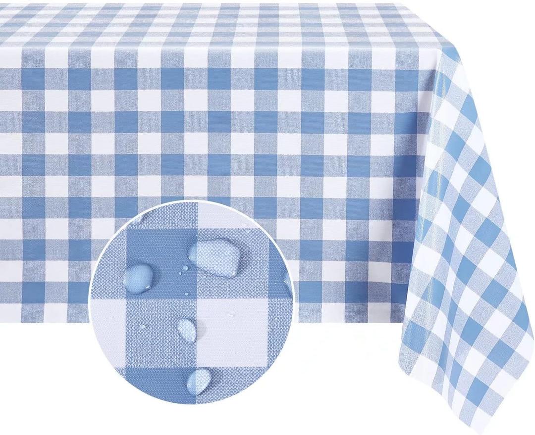 Romanstile Rectangle Vinyl Tablecloth, 100% Waterproof Buffalo Gingham Plastic Table Cloth, Heavy Duty Wipeable Checkered Table Covers for Outdoor, Camping, Picnic, Patio - 60 x 102, Light Blue