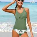 Girls Swimsuits 2 Piece Halterneck Bathing Suit Criss Cross Ruched Printed Tankini Swimwear Set for 9-16 Years