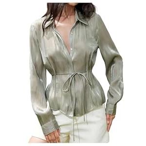 SOLY HUX Women's Button Down Chiffon Shirt Long Sleeve Belted Elegant Blouse Top Office Outfit Plain Green Large