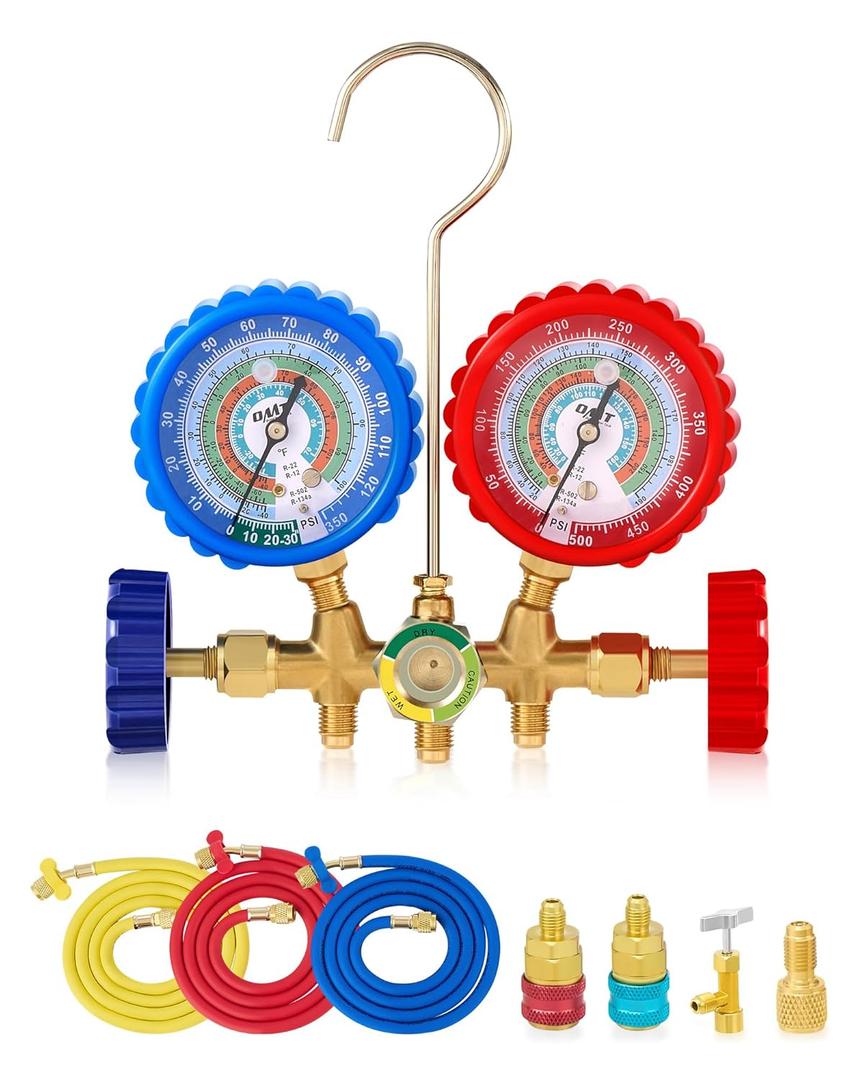 Orion Motor Tech AC Manifold Gauge Set for R12 R22 R502 R134a Refrigerant, 3 Way Automotive AC Gauge Set with Antishock Gauges Hoses Couplers & Adapter, Puncturing Can Tap Freon Recharge Kit for HVAC