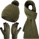 3 Pcs Winter Beanie Hat Scarf Gloves Set for Women Men, Knit Hats Pom Warm Long Scarf Touchscreen Gloves(Olive Green)