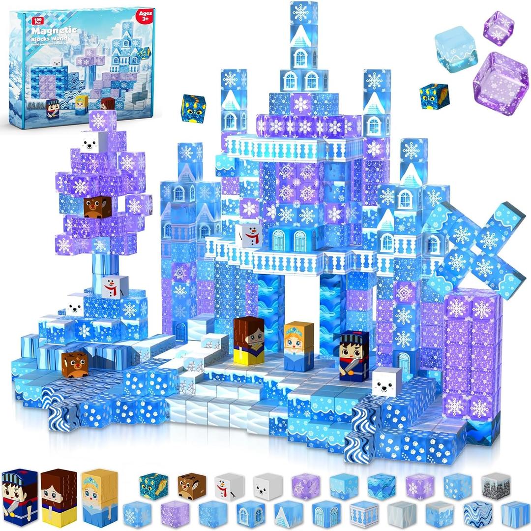 Magnetic Blocks - 100Pcs 0.8in Magnetic Building Block for Kids Ages 4-8, Transparent Magnet Block Blue Princess Castle, Magnet Cubes Tiles Princess Toy for Girl 3 4 5 6 7 8-12 Easter Birthday Gift