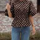 Cicy Bell Womens Polka Dots Peplum Tops Summer Puff Short Sleeve Round Neck Blouses Trendy Casual Shirts (Brown) S