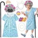 Jeowoqao Old Lady Costume for Kids, 100 Days of School Costume Girls Old Lady DressGranny Wig with Wig Cap Grandma Dress Up Outfit for Girls 5 6 7 8 Years