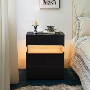 Bedside Table with Led, Nightstand with 3 Drawers and Hidden Storage, End Table for Bedroom, Living Room, Black