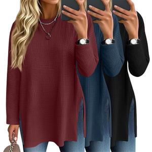 Baggyfly 3 Pack Women's Waffle Knit Long Sleeve Tops Oversized Crewneck Loose T Shirts Fall Winter Casual Basic Blouses (Medium, Black, Navy Blue, Burgundy)