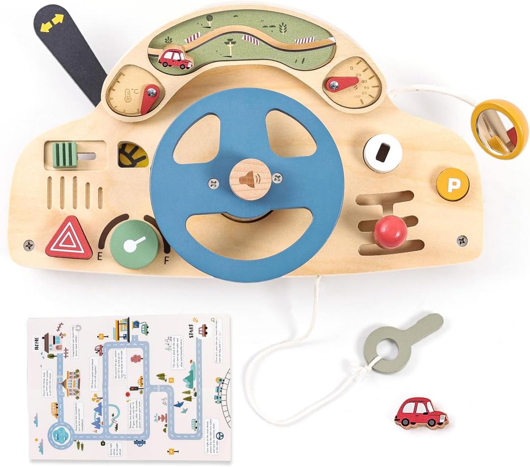 Wooden Montessori Busy Board - Steering Wheel Toy, Sensory Activity for Fine Motor Skills, Travel Educational Sensory Toys for 1-4 Year Olds