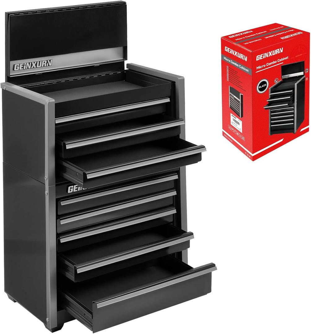 Geinxurn 8-Drawer Rolling Black Tool Box, Heavy Duty Micro Roll Cab Steel Stackable Tool Chest with Lockable Drawers, 2-in-1 Large & Compact Combo Set (3-Drawer + 5-Drawer) for Garage, Workshop