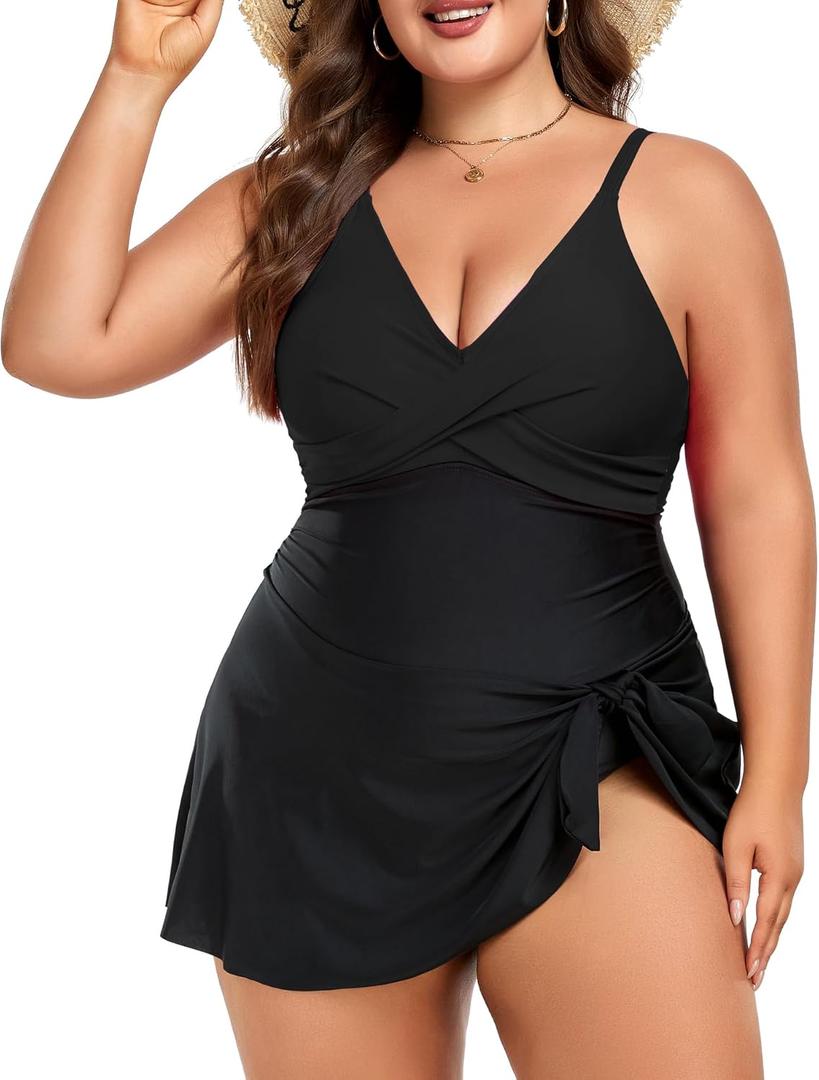 Women Plus Size Swim Dress Tummy Control One Piece Swimsuit V Neck Wrap Full Coverage Bathing Suit Cute Tie Knot (4X-Large Plus, Black-1 Pack)