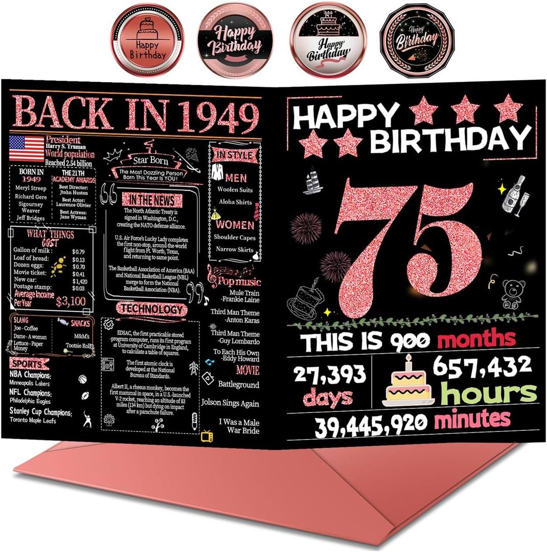 75th Birthday Card, 75th Birthday Decorations Women, 75th Birthday Gifts for Mom, Back in 1949 Birthday Card, Rose Gold