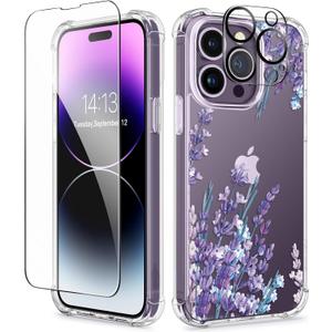 GVIEWIN for iPhone 14 Pro Max Case Floral, with Screen Protector&Camera Lens Protector,[Non Yellowing]Soft Shockproof Clear Phone Protective Cover for Women, Flower Pattern 6.7"(Light Lavender/Purple)