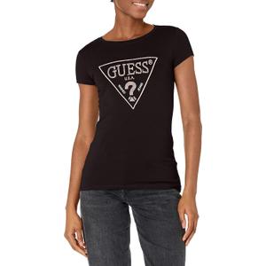 GUESS Women's Short Sleeve Embellished Logo R3 Tee (Large, Jet Black)