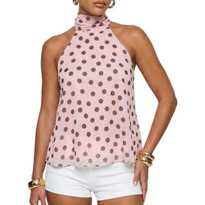 BAIGRAM Women Sleeveless Polka Dot Mesh Halter Tank Backless Flowy Peplum Tops Tie Up Scarf Mock Neck Cami Summer Going Out (Pink, M)
