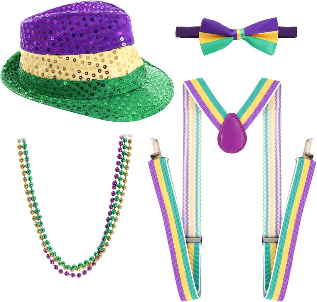 6Pcs Mardi Gras Accessories Set Mardi Gras Costume Outfit Men Women Sequin Hat Bow Tie Costume Suspender Bead Necklaces for Carnival Halloween Party