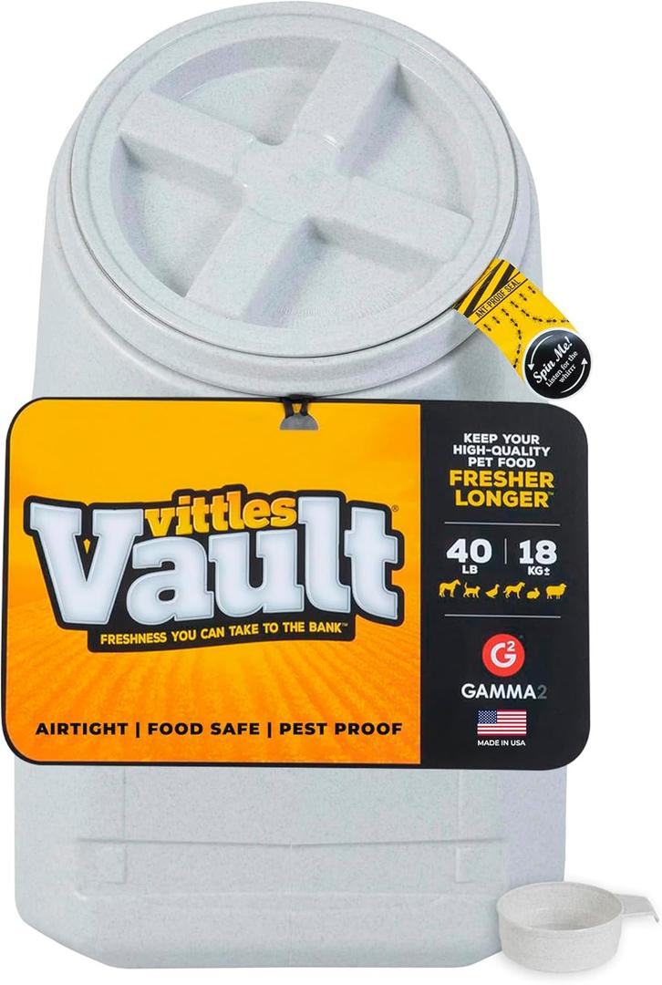Vittles Vault Traditional Pet Food Storage Container For Dog Kibbles/Bird Seed/Oatmeal/Rice/Flour/Cereal, BPA Free Plastic, Sealed Airtight For Cat Food, Up To 40 lb, Made in USA, With Scoop, Gray, 40 Pounds