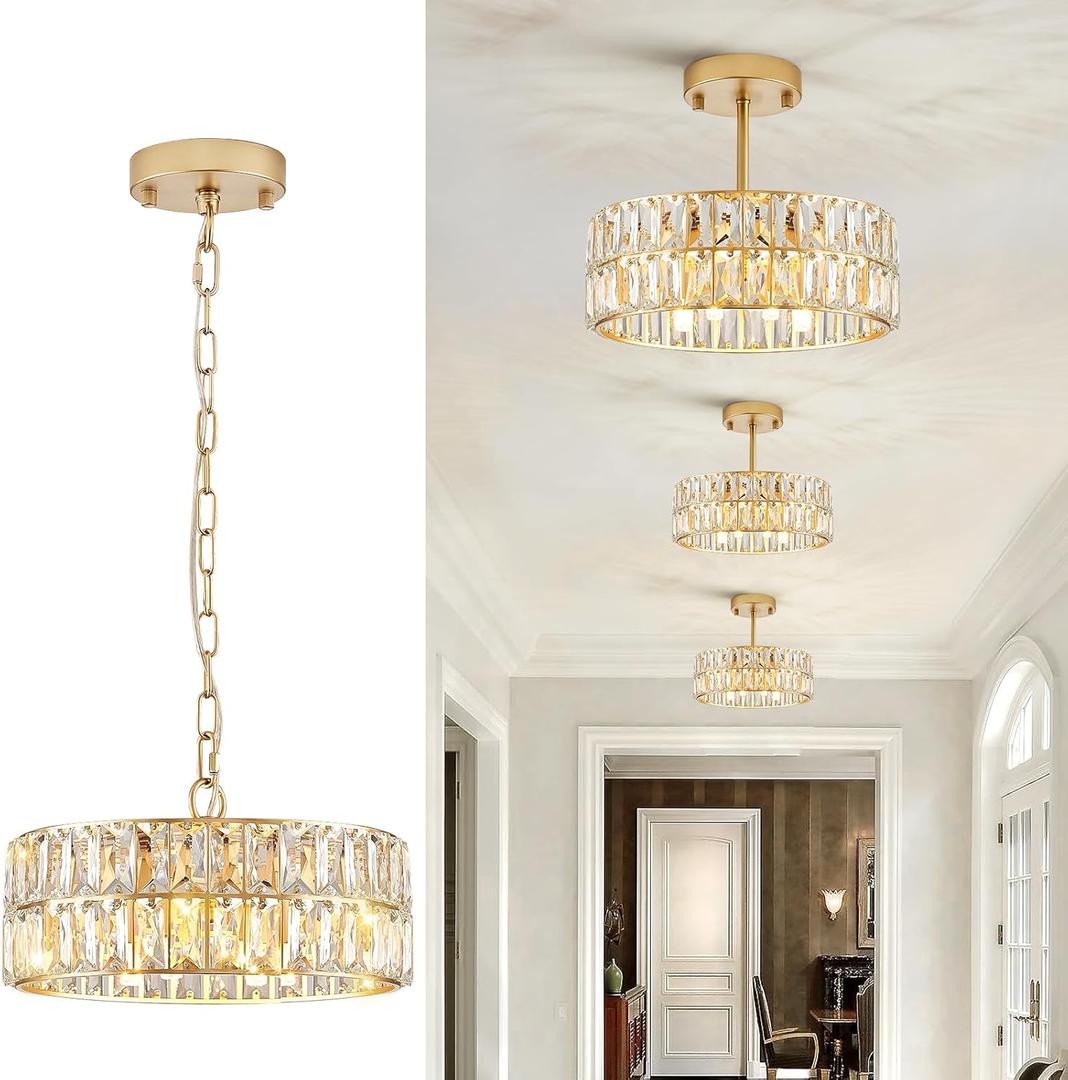 Small Gold Crystal Chandeliers, Modern Semi Flush Mount Chandelier 4-Light Drum Crystal Ceiling Pendant Light Fixture 12 for Foyer Entryway Kitchen Hallway Dining Room