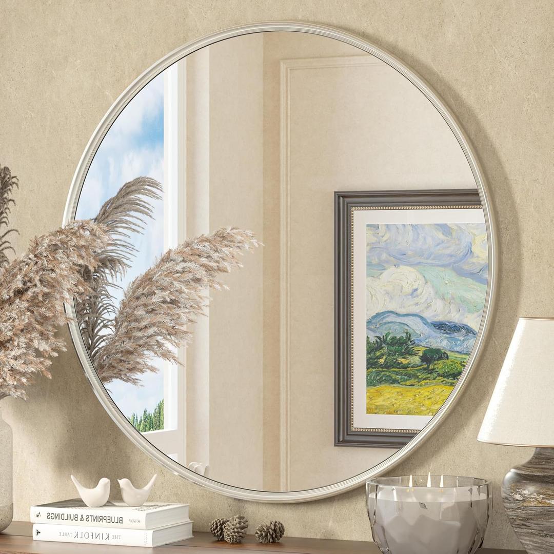 TETOTE Round Mirror 36 inch Brushed Nickel, Wall Mirrors for Living Room, Bedroom, Vanity, Entryway