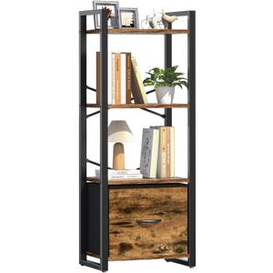 Yoobure Bookshelf, 4 Tier Book Shelf with Drawer, Small Bookcase Narrow Book Case, Industrial Bookshelves Shelf for Bedroom Living Room Office, Book Storage Organizer for CD/Movie Rustic Brown