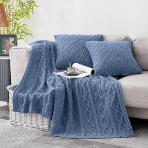 Homiest Cable Knit Throw Blanket & Pillow Set, Dusty Blue Set of 3, Knitted Blanket (50"x60") & 2 Pillow Covers (18"x18"), Soft & Cozy Decorative Couch Bed Sofa (50 x 60 Inch Blanket & 18 x 18 Inch Pillow)