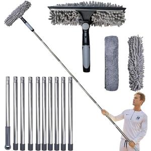 20+ Feet Reach 2 in 1 Window Washing Squeegee & Duster with 3-14 ft Spliceable Extension Pole // Window Cleaning Tool & Window Washer Squeegee With 2 Replace Pad for Home Indoor Outdoor Window Washing Gray