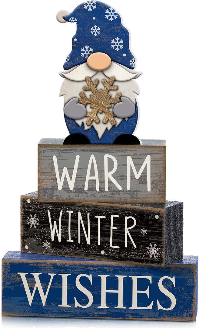 4 Pcs Winter Table Decorations Wooden Gnome Decor Winter Tiered Tray Decor Christmas Centerpiece Rustic Decorative Gnome Snowflake Block Sign Gift Farmhouse Xmas Signs for Home Kitchen