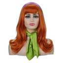 Qaccf Long Wavy Full Bang halloween Costume Women Wig with Purple Head bang and Green Scarf (Ginger)