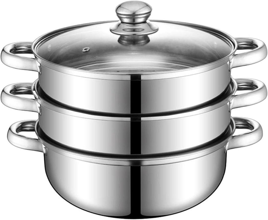 Steamer Pot for Cooking 11 inch Steamer Pot, 3tier Multipurpose 18/8 Stainless Steel Steam Pot Cookware with Lid for Vegetable, Dumpling, Stock, Sauce, Food